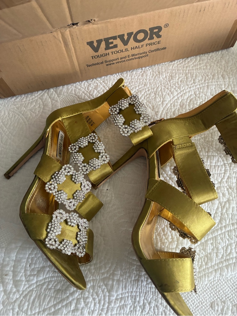 Cape Robbin Gold Satin Crystal-Buckle Stiletto Sandals